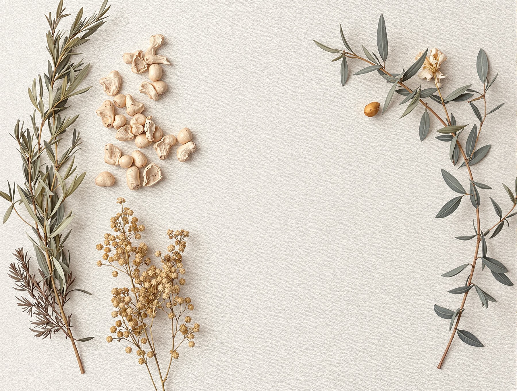 Dried vetiver root, cypress sprigs and sweet olive flowers laid out on bone linen.