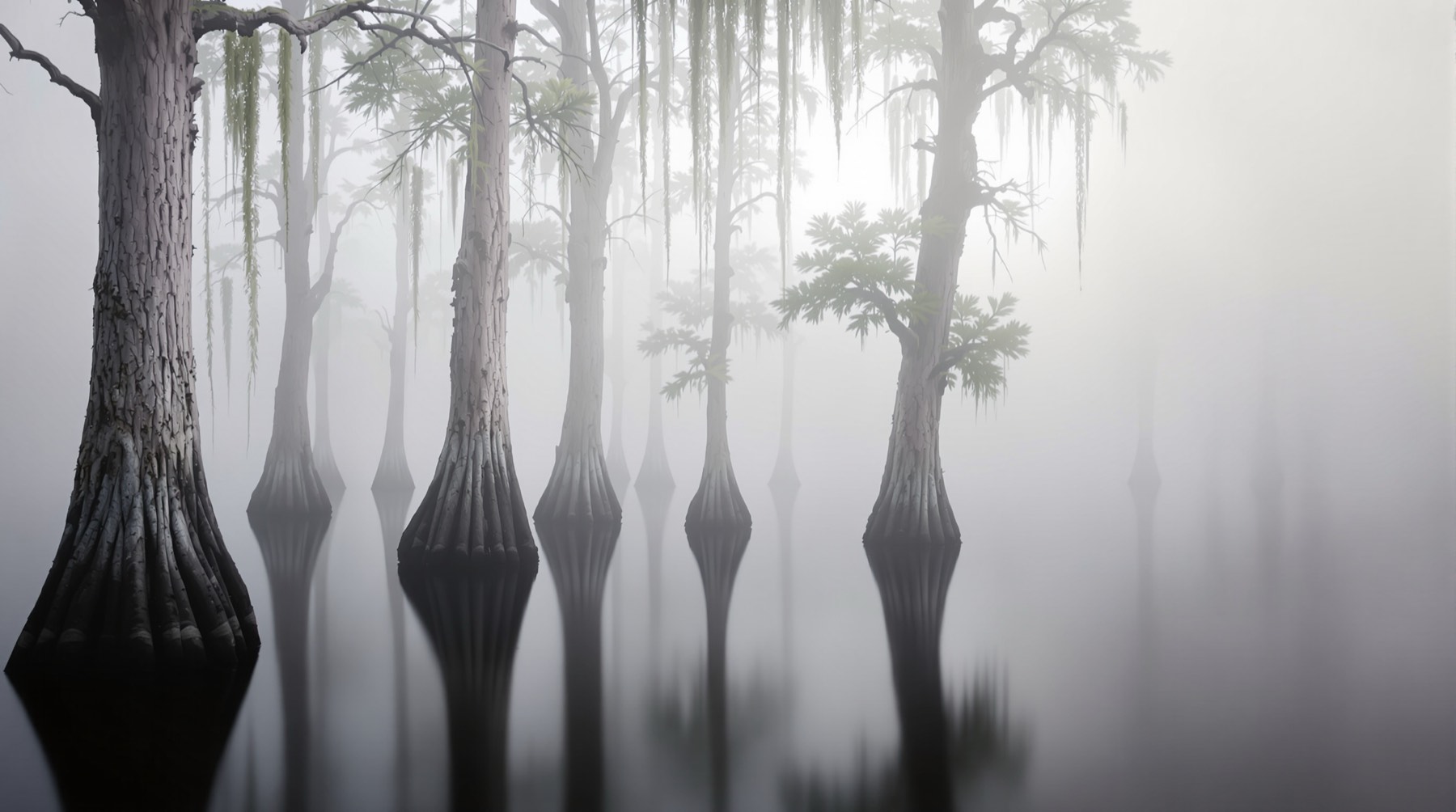 Bald cypress knees standing in still blackwater under heavy dawn mist.